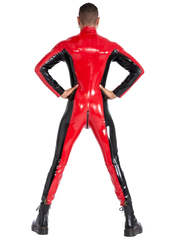 Blazing Bicolor Latex Catsuit with High Collar and Front Zip