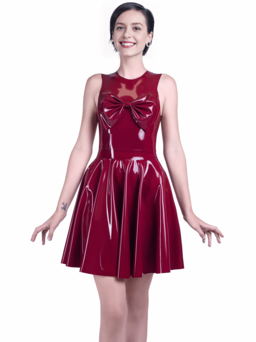 Elegant Latex Skater Dress with Oversized Chest Bow and Open Back