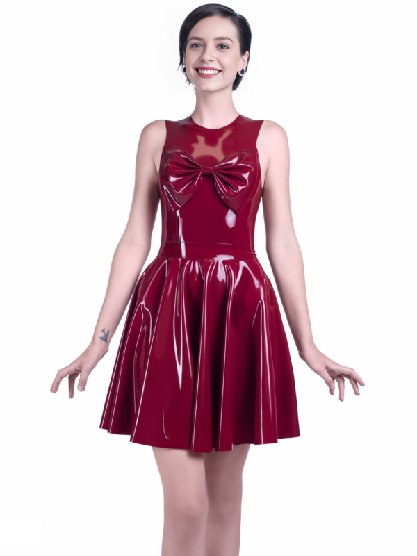 Elegant Latex Skater Dress with Oversized Chest Bow and Open Back