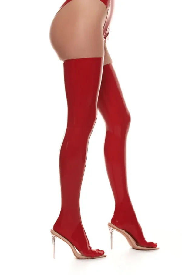 Shiny Red Latex Thigh-High Stockings – Seamless & Sensual