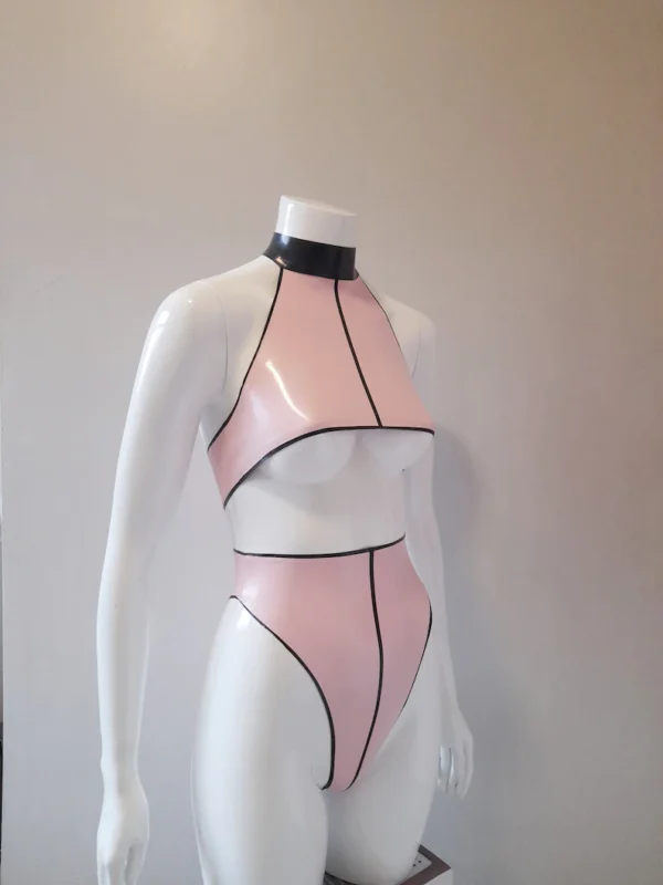 Latex Pin-Striped Two Piece Set – Halter Crop Top & High-Waist Thong