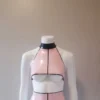 Latex Pin-Striped Underboob Crop Top with Halter Neck and Snap Collar