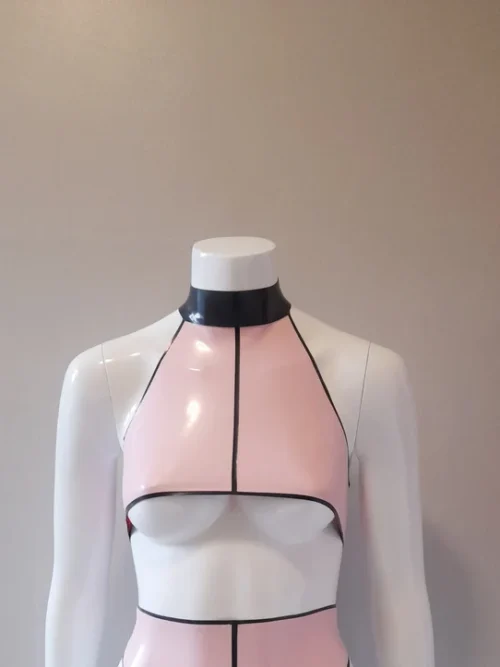 Latex Pin-Striped Underboob Crop Top with Halter Neck and Snap Collar