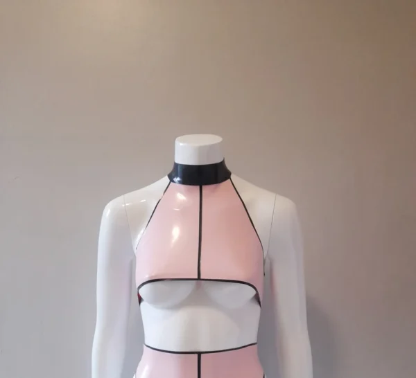 Latex Pin-Striped Underboob Crop Top with Halter Neck and Snap Collar