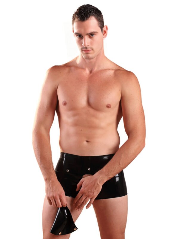 Keyhole Latex Boxer Shorts with Snap-Off Pouch – Black Rubber Fetish Underwear