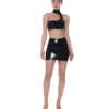 Asymmetric Black Latex Crop Top with Chain and High Neck