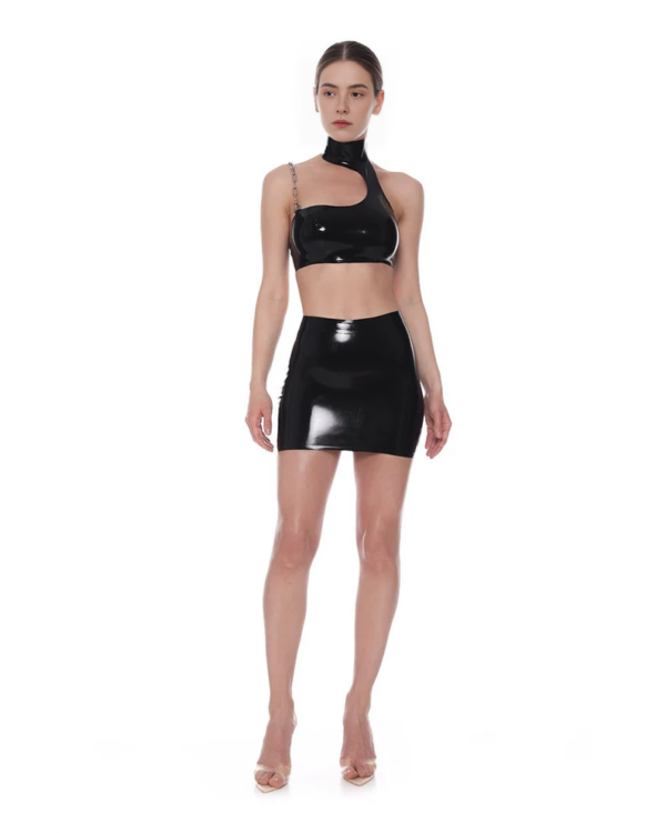 Asymmetric Black Latex Crop Top with Chain and High Neck