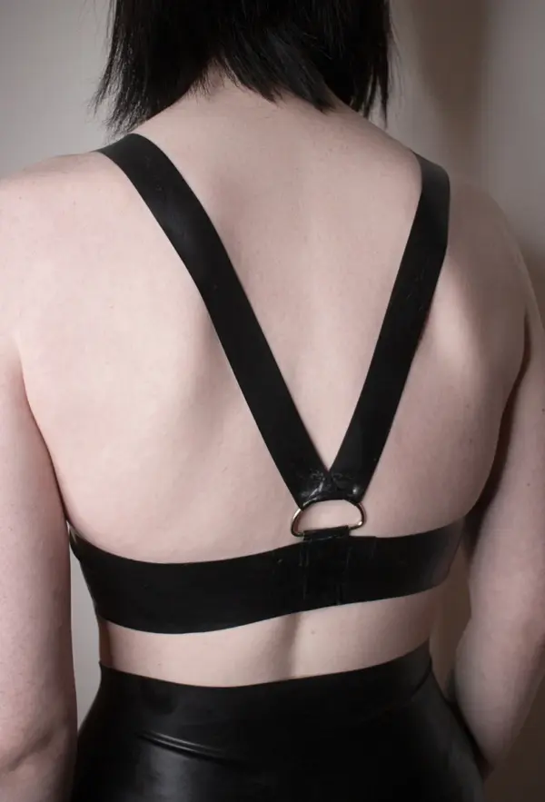 Luxe Black Latex Bralette with O-Ring and D-Ring Detail – Reinforced Halter Crop Top