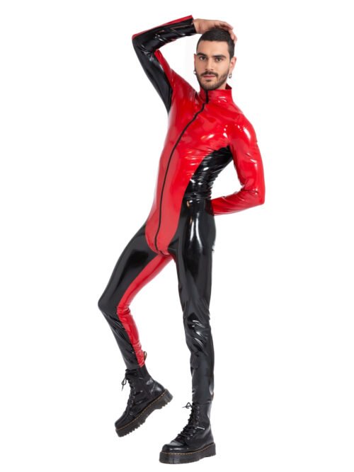 Blazing Bicolor Latex Catsuit with High Collar and Front Zip