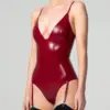 Latex Deep V Suspender Bodysuit – Burgundy Gloss