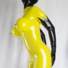 Black & Yellow Flame Pattern Latex Catsuit with Inflated Bust Design