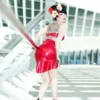 Sleek Red Halter Latex Skirt with Ruffle Hem