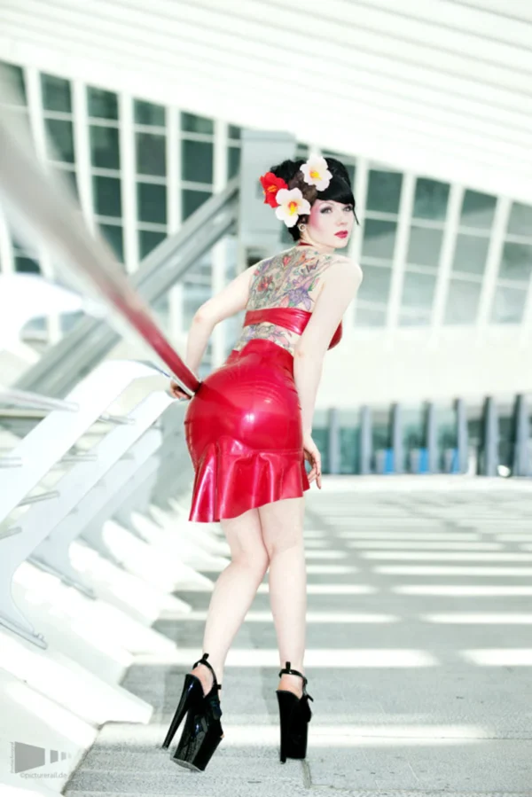Sleek Red Halter Latex Skirt with Ruffle Hem