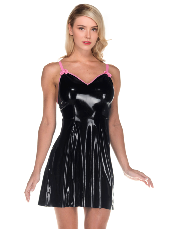 Elegant Black Latex Mini Dress with Shoulder Bows – Adjustable Straps & Contrast Trim