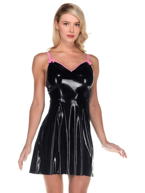 Elegant Black Latex Mini Dress with Shoulder Bows – Adjustable Straps & Contrast Trim
