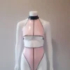 Latex Pin-Striped Two Piece Set – Halter Crop Top & High-Waist Thong