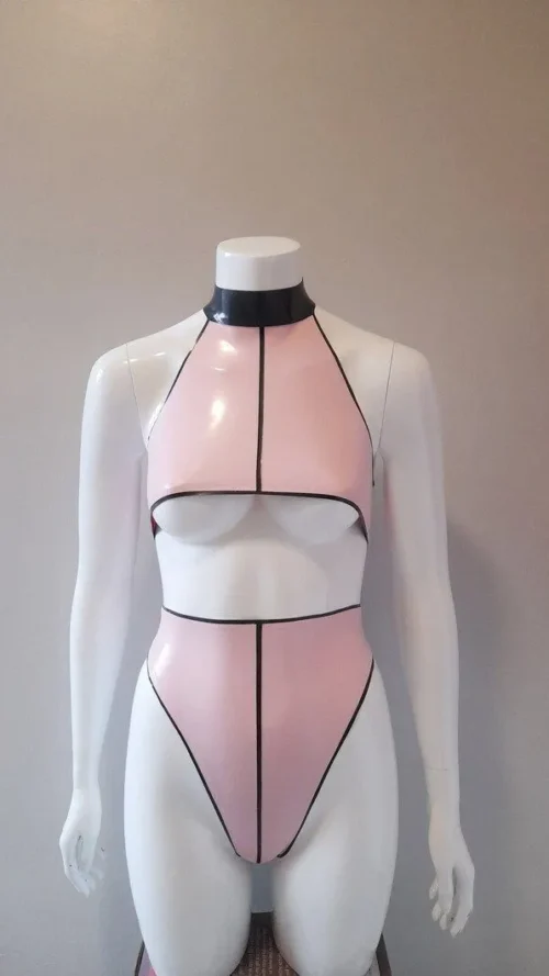 Latex Pin-Striped Two Piece Set – Halter Crop Top & High-Waist Thong