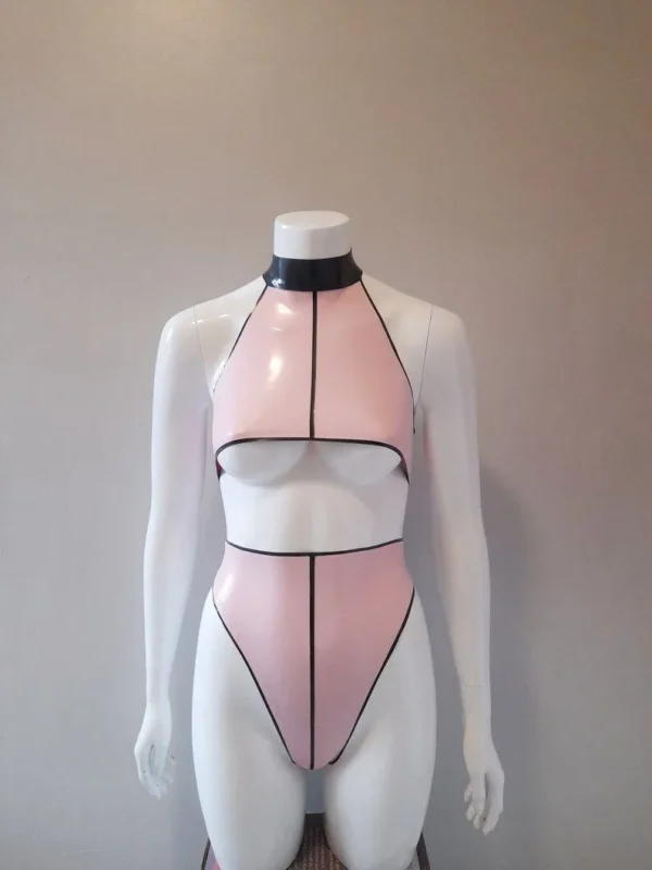 Latex Pin-Striped Two Piece Set – Halter Crop Top & High-Waist Thong