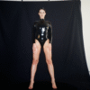High-Neck Glossy Latex Bodysuit with Crotch Zip and Long Sleeves