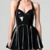 Latex Halter Sweetheart Mini Dress with Flared Skirt – Black