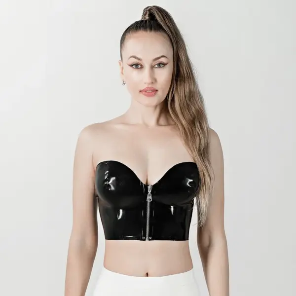 Glossy Black Latex Bustier Top with Front Zipper – Strapless Tight-Fit Crop for Party or Clubwear