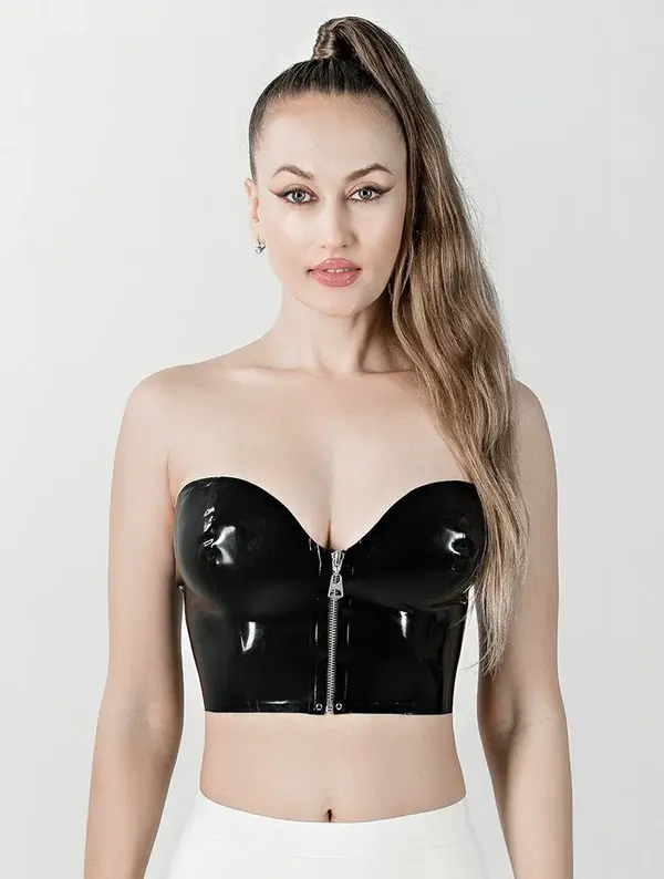 Glossy Black Latex Bustier Top with Front Zipper – Strapless Tight-Fit Crop for Party or Clubwear