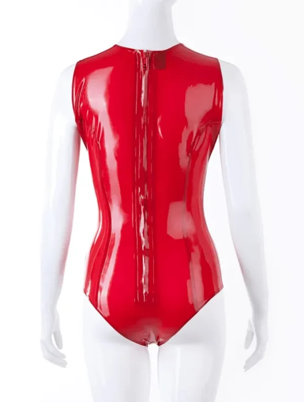 Deep V Cleavage Red Latex Bodysuit – Back Zipper Design