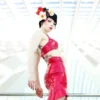 Sleek Red Halter Latex Skirt with Ruffle Hem
