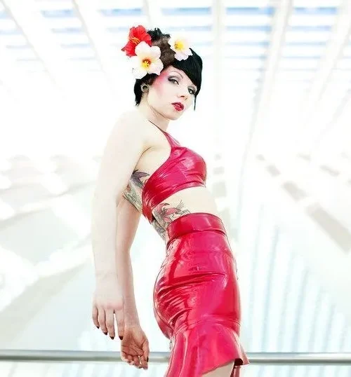 Sleek Red Halter Latex Skirt with Ruffle Hem