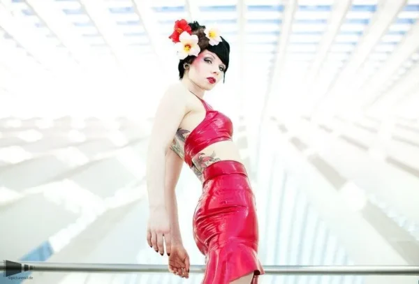 Sleek Red Halter Latex Skirt with Ruffle Hem