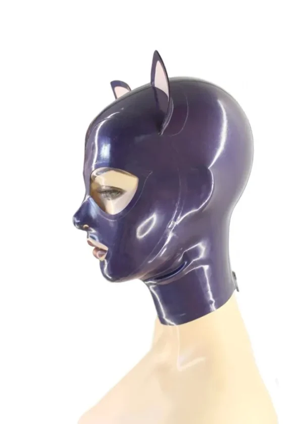 Purple Latex Cat Hood with Trimmed Eyes and Ears – Zipper Back Design