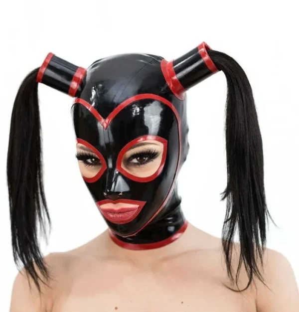 Black Latex Hood with Double Pigtail Tubes and Red Contrast Trim