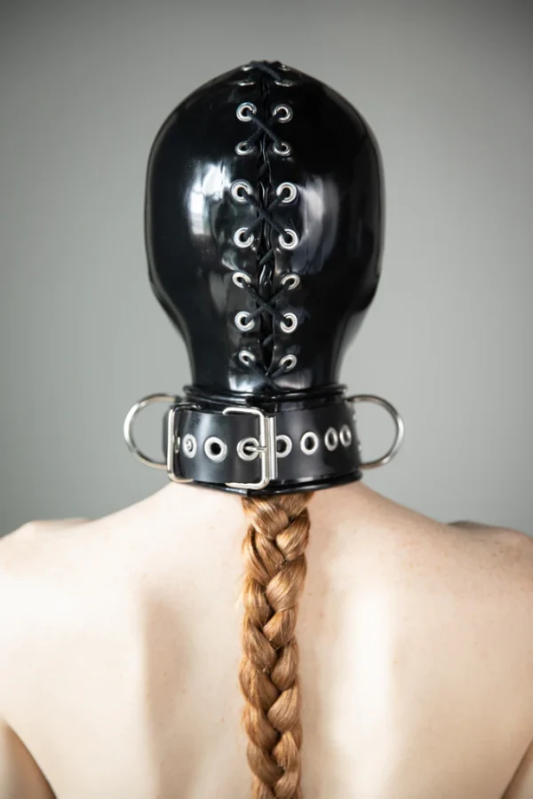 Seamless Gloss Black Latex Faceless Hood with Rear Lacing and Buckled Collar