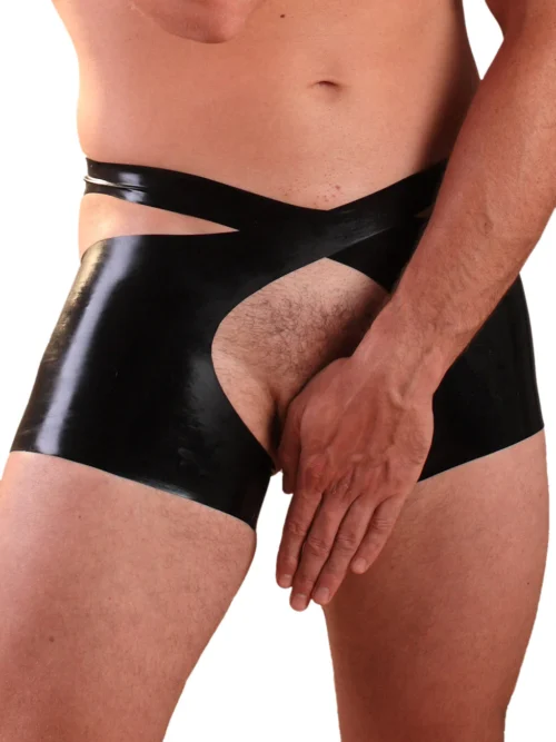 Men's Open Front and Back Latex Shorts - Bold Cutout Rubber Boxer