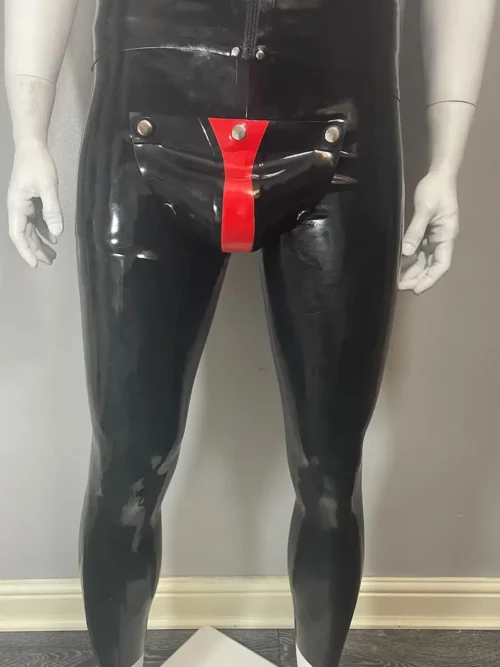 Latex Leggings with Codpiece – Custom Fit Men's Fetish Pants in Black with Red Details