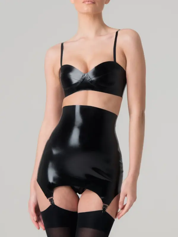 High-Waisted Latex Girdle with Suspender Clips – Black Lingerie Set