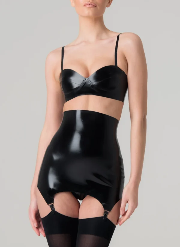High-Waisted Latex Girdle with Suspender Clips – Black Lingerie Set