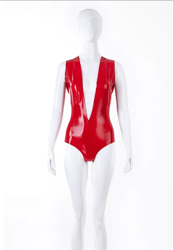 Deep V Cleavage Red Latex Bodysuit – Back Zipper Design