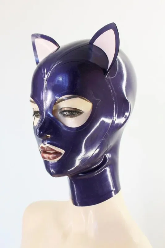 Purple Latex Cat Hood with Trimmed Eyes and Ears – Zipper Back Design