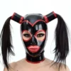 Black Latex Hood with Double Pigtail Tubes and Red Contrast Trim