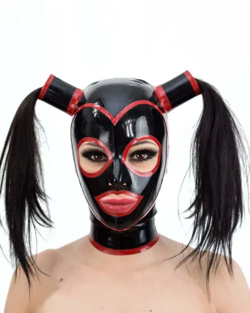 Black Latex Hood with Double Pigtail Tubes and Red Contrast Trim