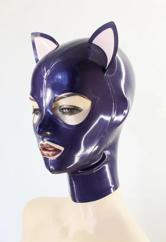 Purple Latex Cat Hood with Trimmed Eyes and Ears – Zipper Back Design