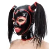 Black Latex Hood with Double Pigtail Tubes and Red Contrast Trim