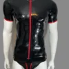 Latex Crew Neck Short Sleeve T-Shirt with Red Zip Trim – Sleek and Modern Rubber Top