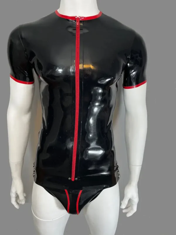 Latex Crew Neck Short Sleeve T-Shirt with Red Zip Trim – Sleek and Modern Rubber Top