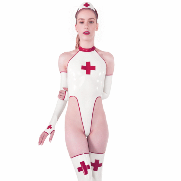 Provocative White & Red Nurse Latex Bodysuit with High Hip Cuts