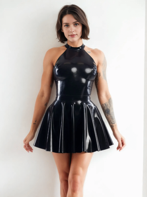 Sleek Black Latex Mini Dress with High Neck and Halter Back