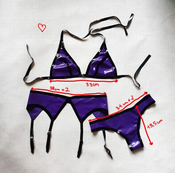 Violet Black Latex Lingerie Set – Bra, Panties & Garter Belt – Handmade Fetish Underwear