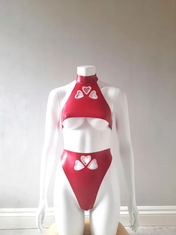 Red Latex Heart Cut-Out Halter Set – Underboob Crop Top & High-Waist Thong