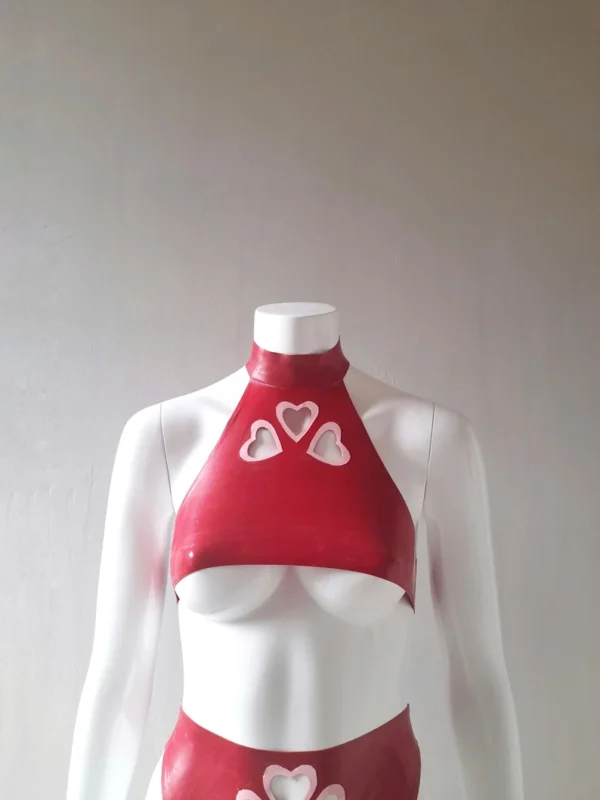 Red Latex Heart Cut-Out Halter Set – Underboob Crop Top & High-Waist Thong